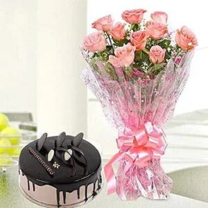 buy chocolate cake and pink roses combo online at guaranteed lowest price