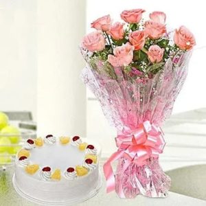 buy 10 Pink Roses With Pineapple Cake at low and best price guaranteed