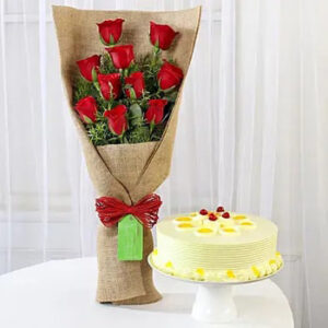 buy 10 Red Roses Bouquet & Butterscotch Cake online at guaranteed lowest price