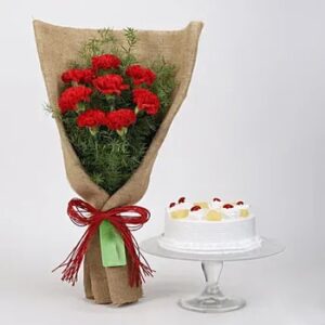 buy 8 Red Carnations & Pineapple Cake at low and best price guaranteed