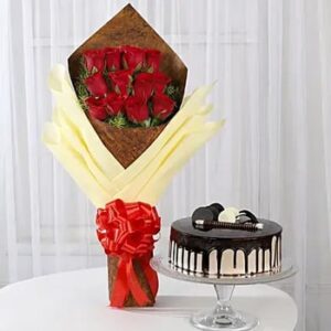 buy Bouquet of 12 Red Roses & Chocolate Cake at low and best price guaranteed