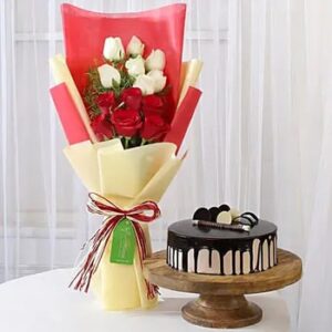 buy Bouquet of White & Red Roses With Creamy Chocolate Cake at low and best price guaranteed