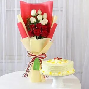 buy Butterscotch Cake & Red & White Roses Bouquet at low and best price guaranteed