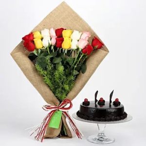 buy Mix Roses Bouquet & Truffle Cake Combo at low and best price guaranteed