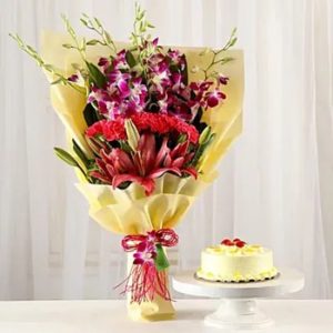 buy Pink & Purple Flowers & Butterscotch Cake Combo at low and best price guaranteed