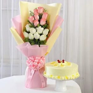 buy Pink & White Roses & Butterscotch Cake at low and best price guaranteed