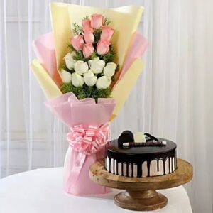 buy Pink & White Roses & Choco Cream Cake at low and best price guaranteed