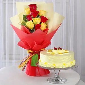 buy Red & Yellow Roses with Butterscotch Cake at low and best price guaranteed